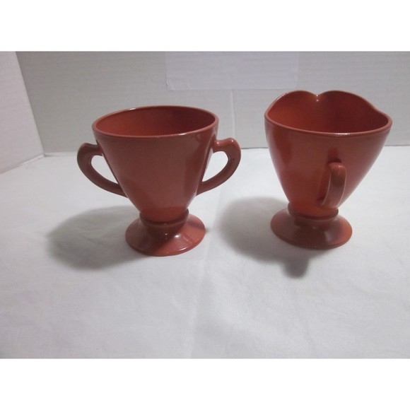 Hazel Atlas Ovide Rust Cream and Sugar Set Platonite Glass Mid Century Modern - Picture 3 of 8